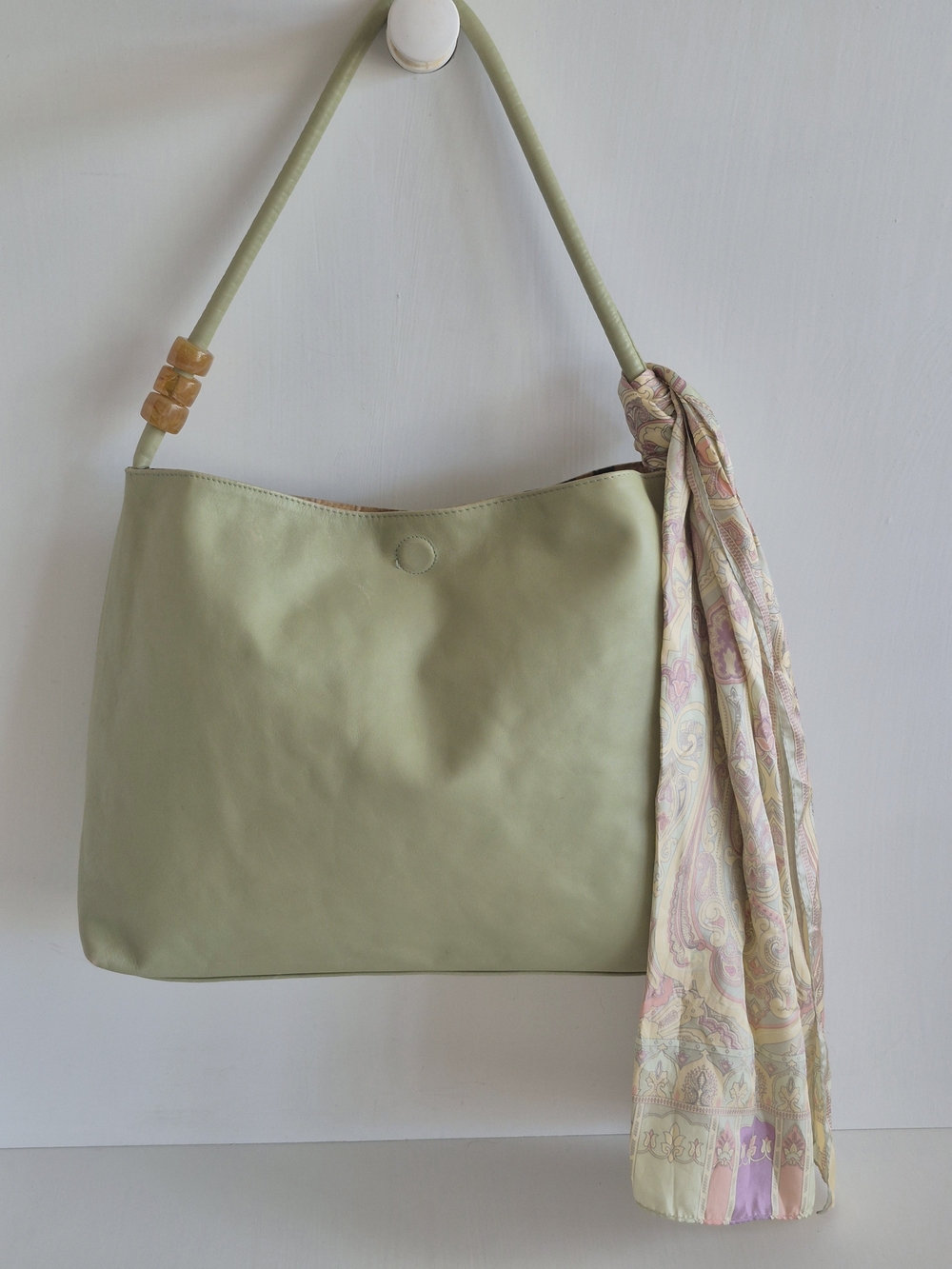Plinio Visona Light Olive Leather Large Women's Shoulder Bag with Scarf Accent